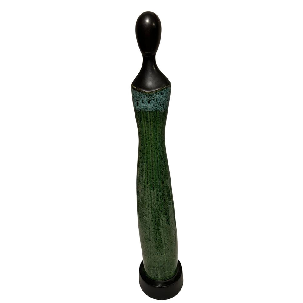 Vintage Glazed Ebony Clay Carving - Woman Figurine in Green